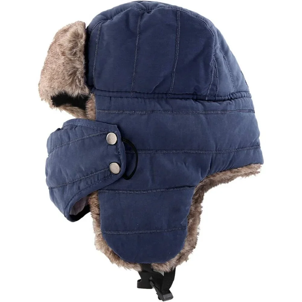 Men's Navy Blue Trooper Trapper Hat Warm Winter Hunting Cap w/ Removable Mask